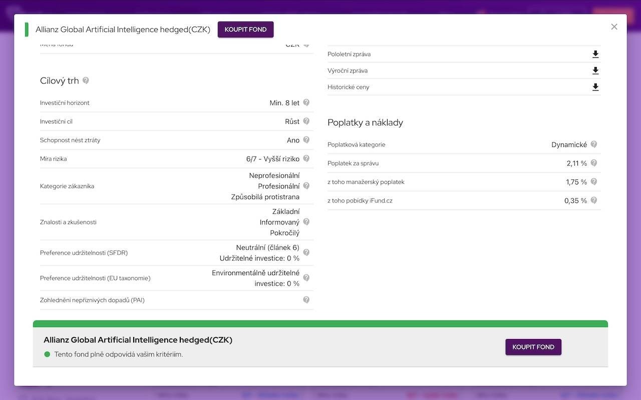 Okno s informacemi o konkrétním fondu na iFund.cz